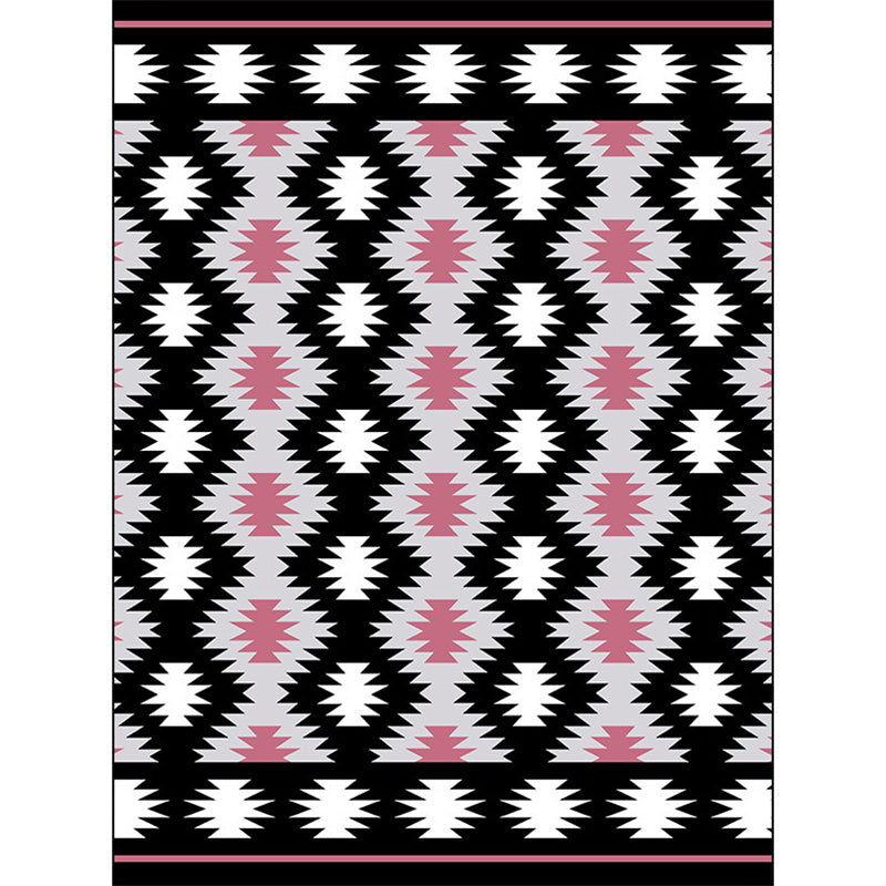 Southwestern Living Room Rug in Black Geometric Print Rug Polyester Stain Resistant Washable Area Rug