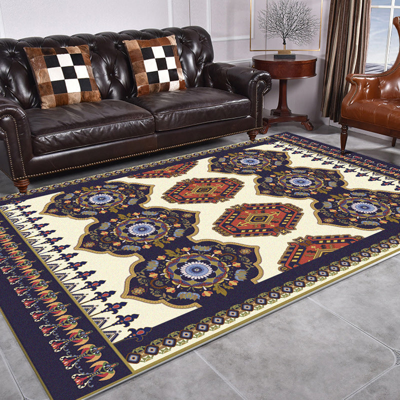 Navy Blue and Beige Americana Rug Polyester Tribal Floral Pattern Rug Washable Non-Slip Back Rug for Living Room