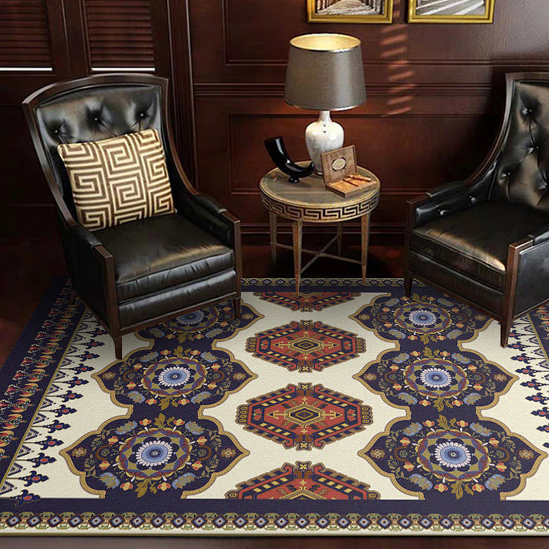 Navy Blue and Beige Americana Rug Polyester Tribal Floral Pattern Rug Washable Non-Slip Back Rug for Living Room
