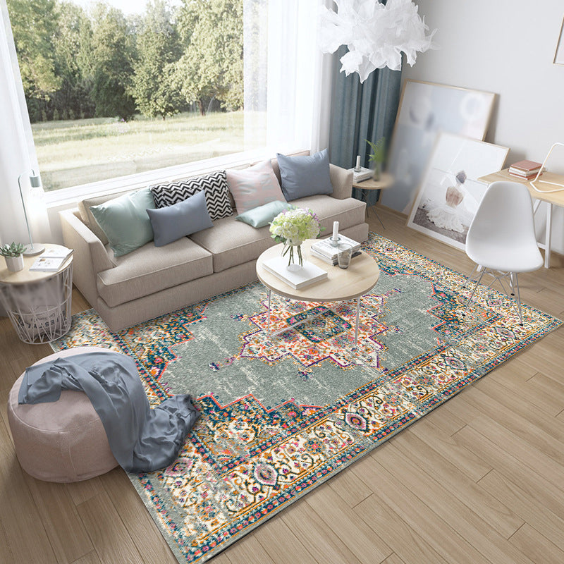 Moroccan living room rug in green medallion floral pattern rug polyester non-slip backing rug