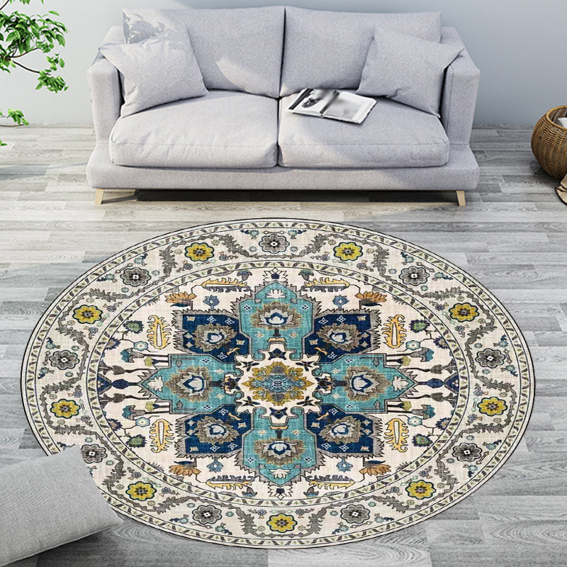 Classic medallion pattern rug with floral blue and red tribal rug made of washable polyester non-slip backing rug for the living room