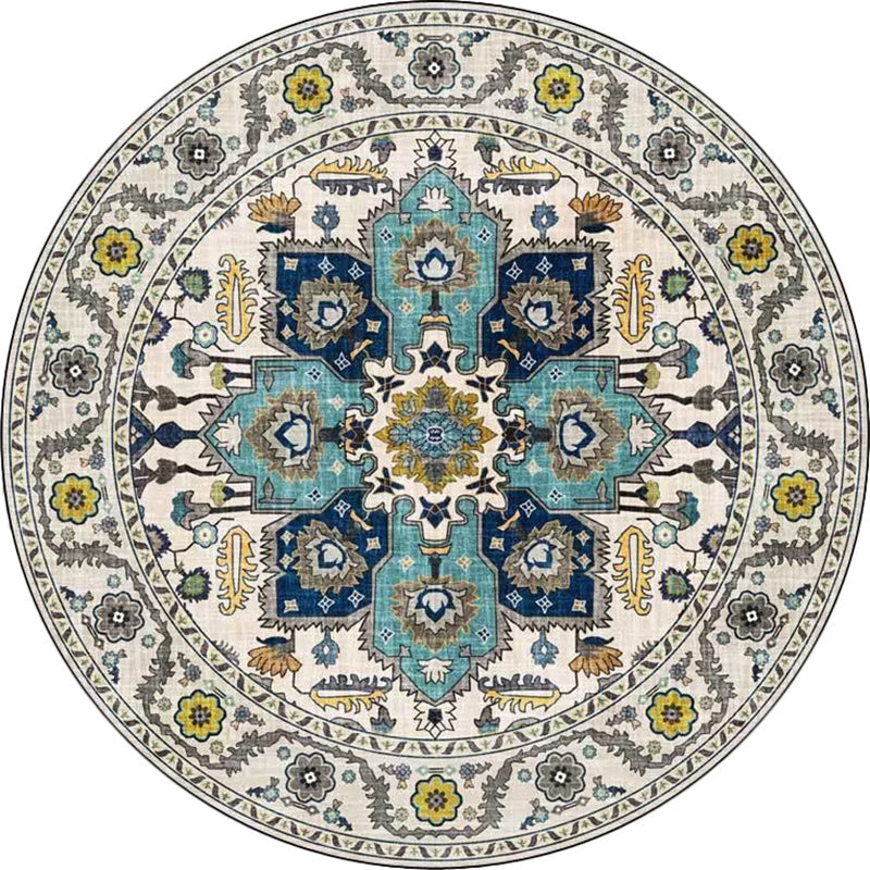 Classic medallion pattern rug with floral blue and red tribal rug made of washable polyester non-slip backing rug for the living room