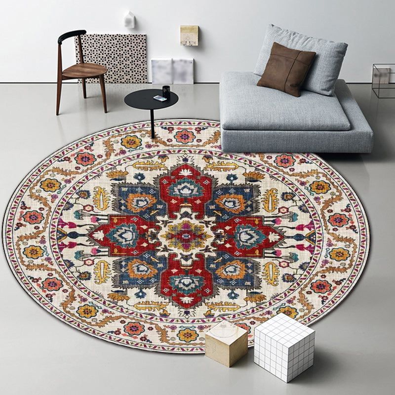 Classic medallion pattern rug with floral blue and red tribal rug made of washable polyester non-slip backing rug for the living room