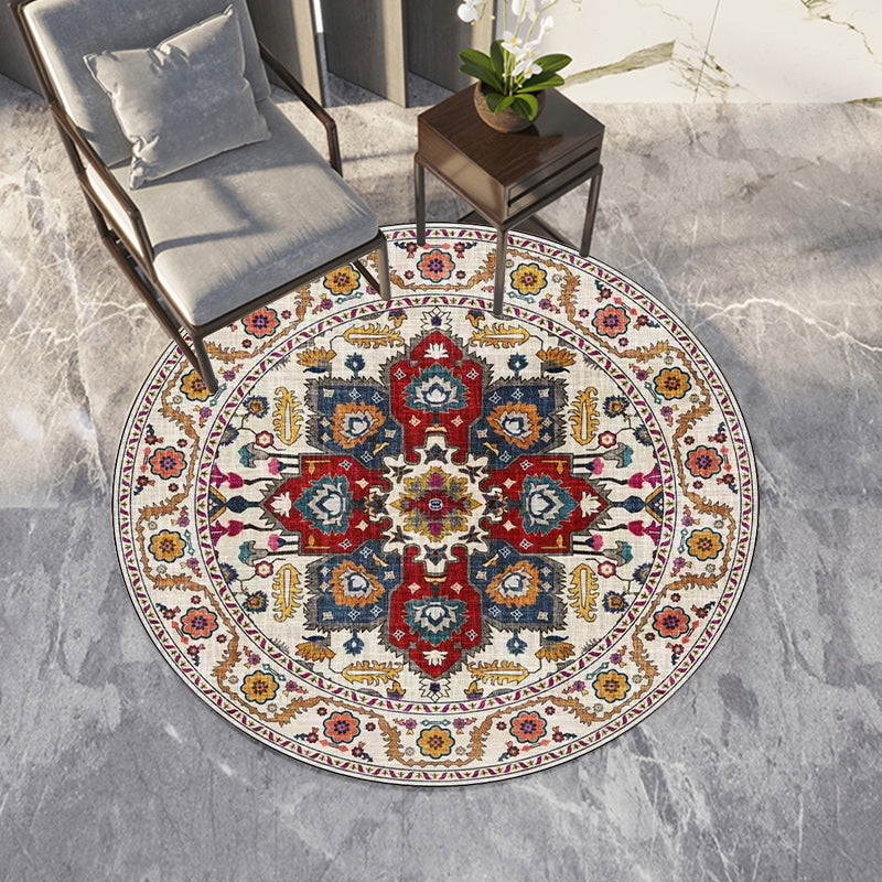 Classic medallion pattern rug with floral blue and red tribal rug made of washable polyester non-slip backing rug for the living room