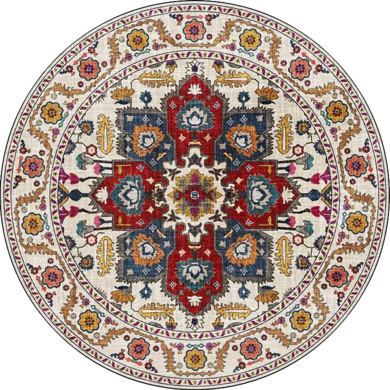 Classic medallion pattern rug with floral blue and red tribal rug made of washable polyester non-slip backing rug for the living room