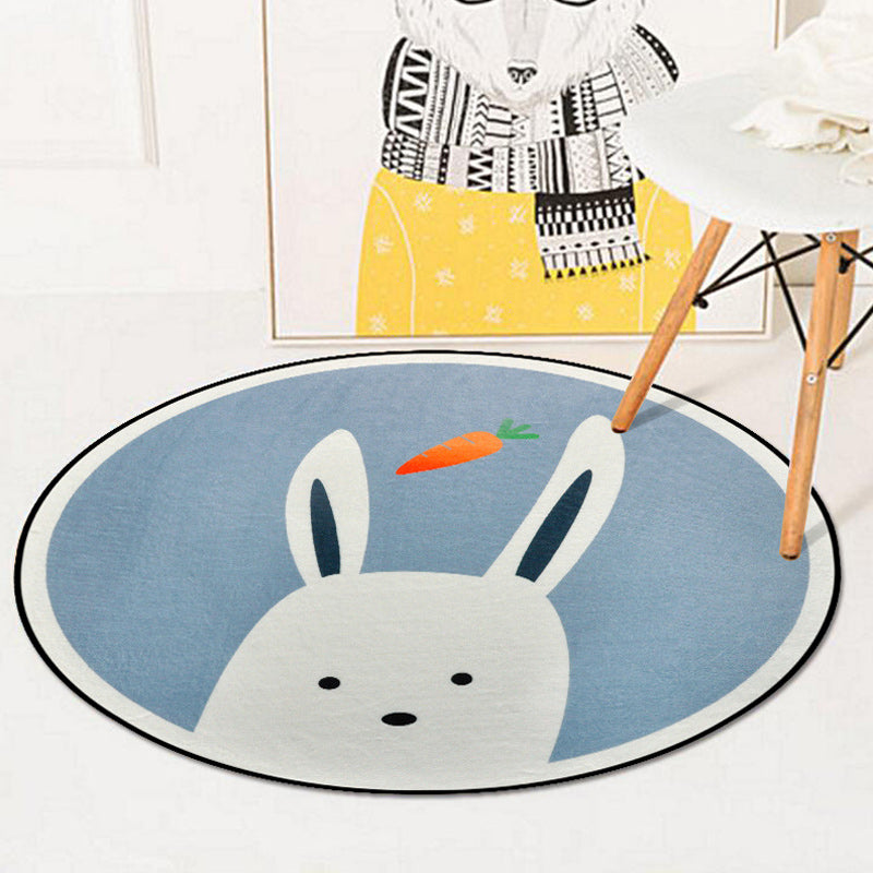 Blue and Ivory Children's Room Carpet Child Animals Rabbit Owl Elephant Penguin Pattern Area Rug Polyester Washable Carpet