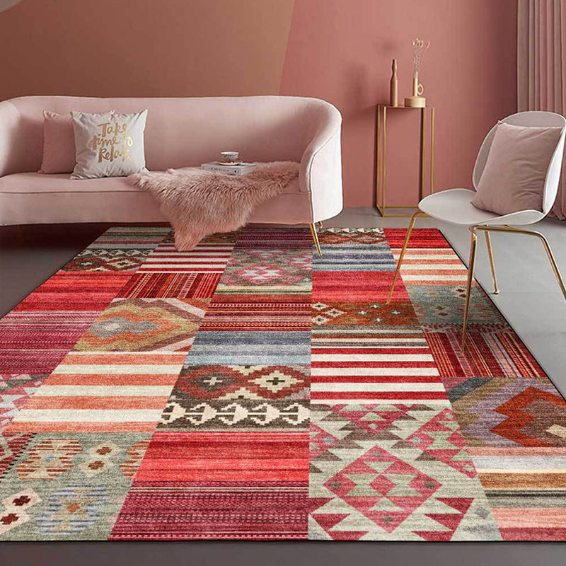 American Tribal Striped Pattern Carpet Red Polyester Carpet Machine Washable Non-Slip Back Living Room Carpet for Bedroom