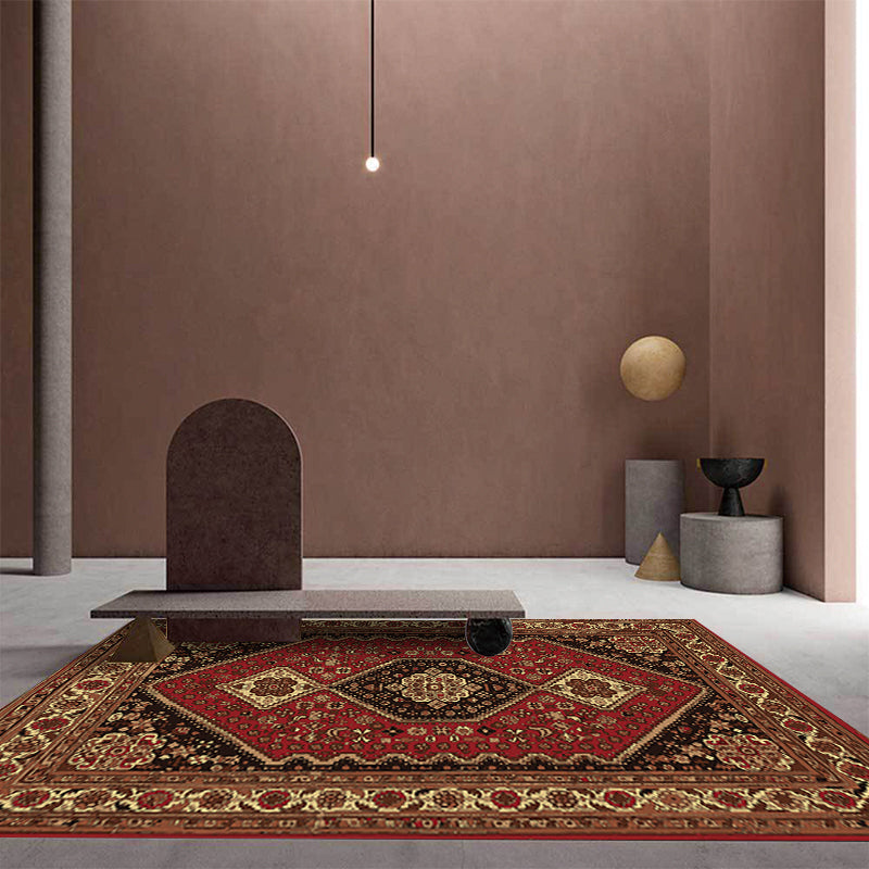 Red and Brown Bedroom Rug Moroccan Medallion Floral Pattern Area Rug Polyester Stain Resistant Rug
