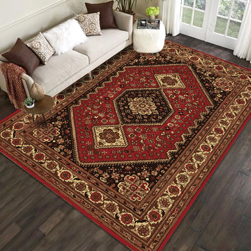 Red and Brown Bedroom Rug Moroccan Medallion Floral Pattern Area Rug Polyester Stain Resistant Rug