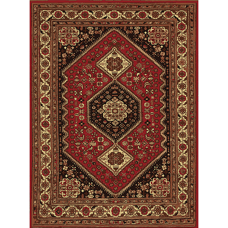 Red and Brown Bedroom Rug Moroccan Medallion Floral Pattern Area Rug Polyester Stain Resistant Rug