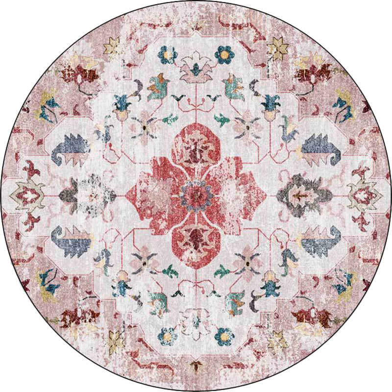 Persian Medallion Pattern Carpet Pink and Green Polyester Carpet Machine Washable Non-Slip Carpet for the Bedroom