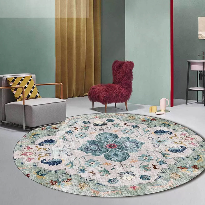 Persian Medallion Pattern Carpet Pink and Green Polyester Carpet Machine Washable Non-Slip Carpet for the Bedroom