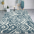 Tribal Southwest rug in blue and white geometric pattern rug polyester pet-friendly rug for home decoration