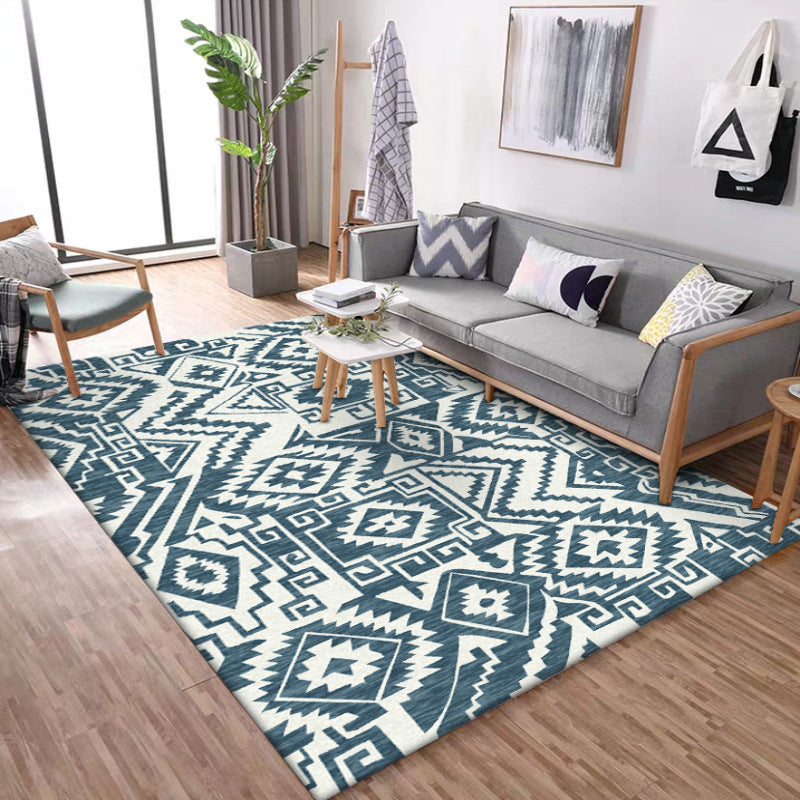 Tribal Southwest rug in blue and white geometric pattern rug polyester pet-friendly rug for home decoration