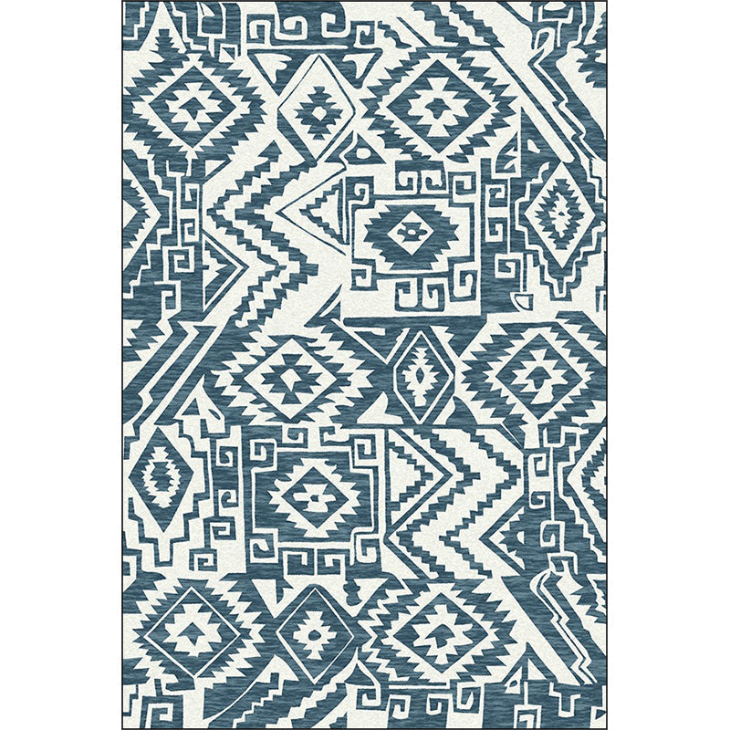 Tribal Southwest rug in blue and white geometric pattern rug polyester pet-friendly rug for home decoration