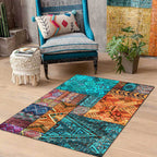 Traditional Tribal Pattern Carpet Blue and Orange Southeast Carpet Polyester Machine Washable Non-Slip Back Carpet for Bedroom