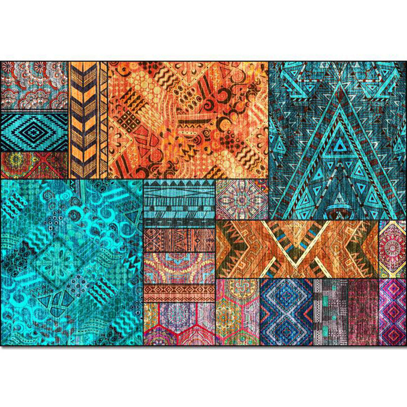Traditional Tribal Pattern Carpet Blue and Orange Southeast Carpet Polyester Machine Washable Non-Slip Back Carpet for Bedroom