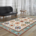 Vintage Tribal Print Rug Light Blue Americana Rug Polyester Machine Washable Non-Slip Back Rug for Bedroom