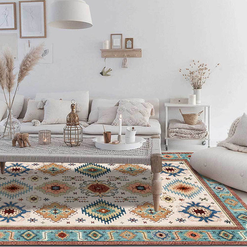 Vintage Tribal Print Rug Light Blue Americana Rug Polyester Machine Washable Non-Slip Back Rug for Bedroom