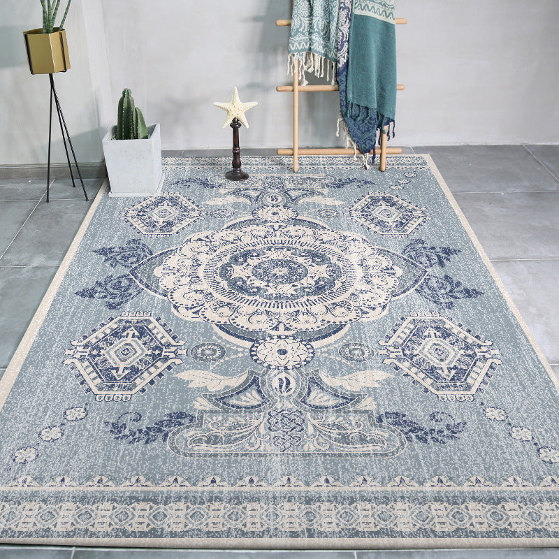 Persian Moroccan carpet in blue medallion flower petal pattern carpet polyester non-slip carpet for home decoration
