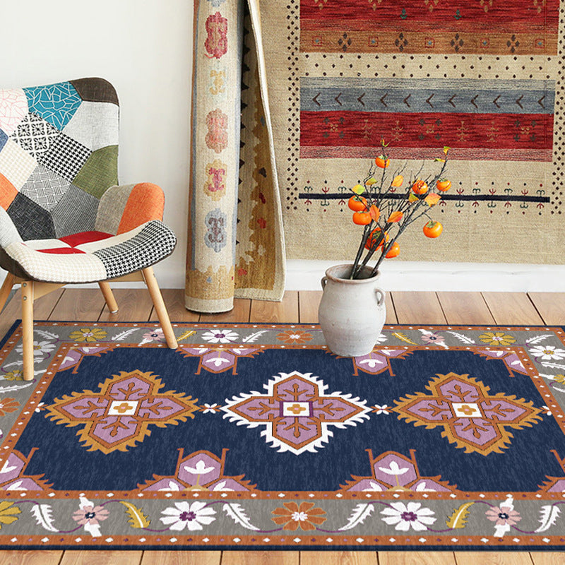 Eastern Moroccan rug in blue and gray medallion flower petal pattern rug polyester non-slip rug for home decor