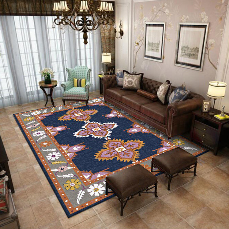 Eastern Moroccan rug in blue and gray medallion flower petal pattern rug polyester non-slip rug for home decor