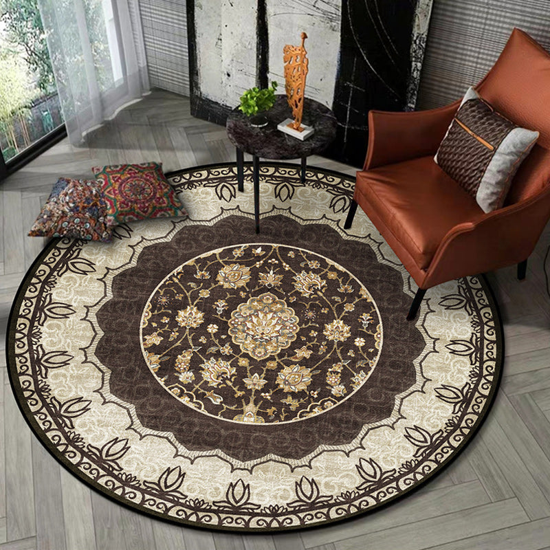 Classic medallion pattern rug with floral brown tribal rug made of polyester, washable, non-slip backing, rug for the living room