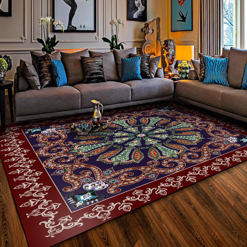Moroccan Living Room Rug in Red and Blue Medallion Pattern Floral Print Rug Polyester Non-Slip Flooring