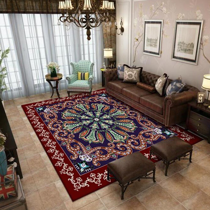 Moroccan Living Room Rug in Red and Blue Medallion Pattern Floral Print Rug Polyester Non-Slip Flooring