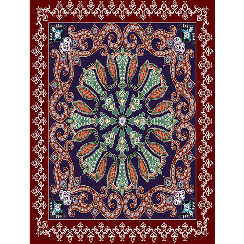 Moroccan Living Room Rug in Red and Blue Medallion Pattern Floral Print Rug Polyester Non-Slip Flooring