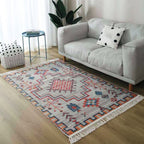 Gray and blue southwestern carpet linen tribal and geometric pattern carpet washable fringe back for the living room
