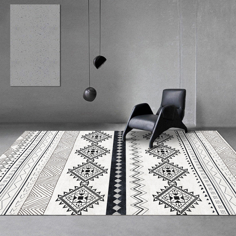 Vintage Southwestern Geometric Pattern Carpet White Tribal Carpet Polyester Washable Non-Slip Back Carpet for Living Room