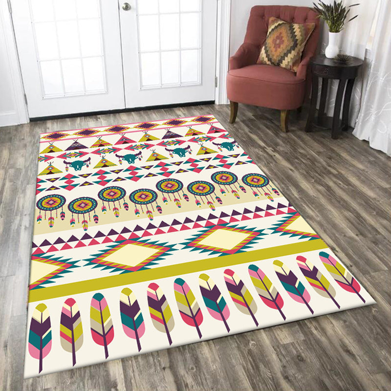 Tribal Cow Pattern Rug with Feather Yellow Polyester Rug Machine Washable Non-Slip Back Area Rug for Bedroom