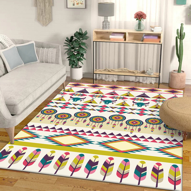 Tribal Cow Pattern Rug with Feather Yellow Polyester Rug Machine Washable Non-Slip Back Area Rug for Bedroom