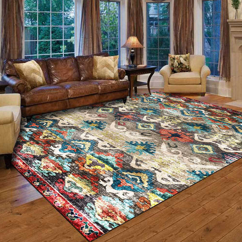 Retro Tribal Pattern Rug Multicolor Polyester Rug Machine Washable Non-Slip Backing Rug for Living Room