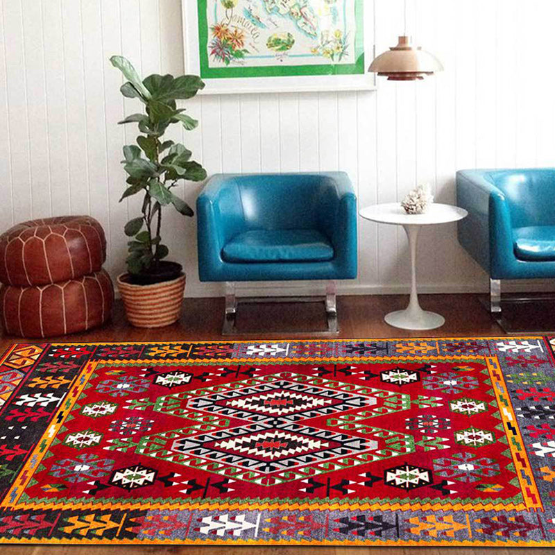 Southwest Tribal Pattern Rug Red Polyester Rug machine washable non-slip backing Rug for living room