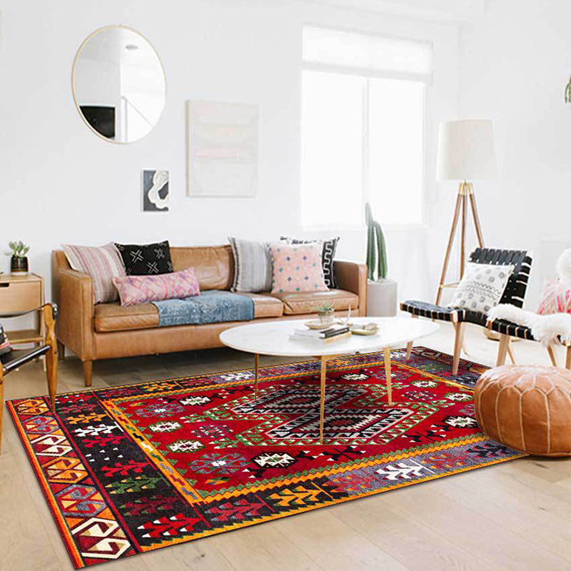 Southwest Tribal Pattern Rug Red Polyester Rug machine washable non-slip backing Rug for living room