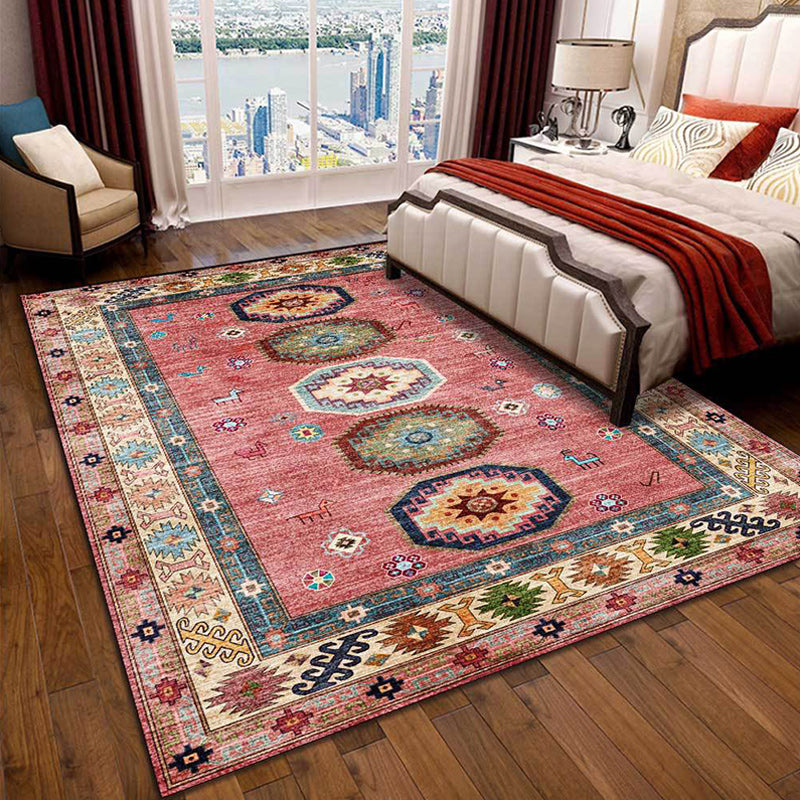 American Tribal Pattern Rug Pink Polyester Rug Machine Washable Non-Slip Back Area Rug for Bedroom