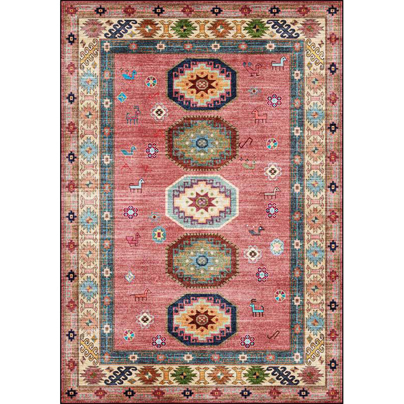 American Tribal Pattern Rug Pink Polyester Rug Machine Washable Non-Slip Back Area Rug for Bedroom