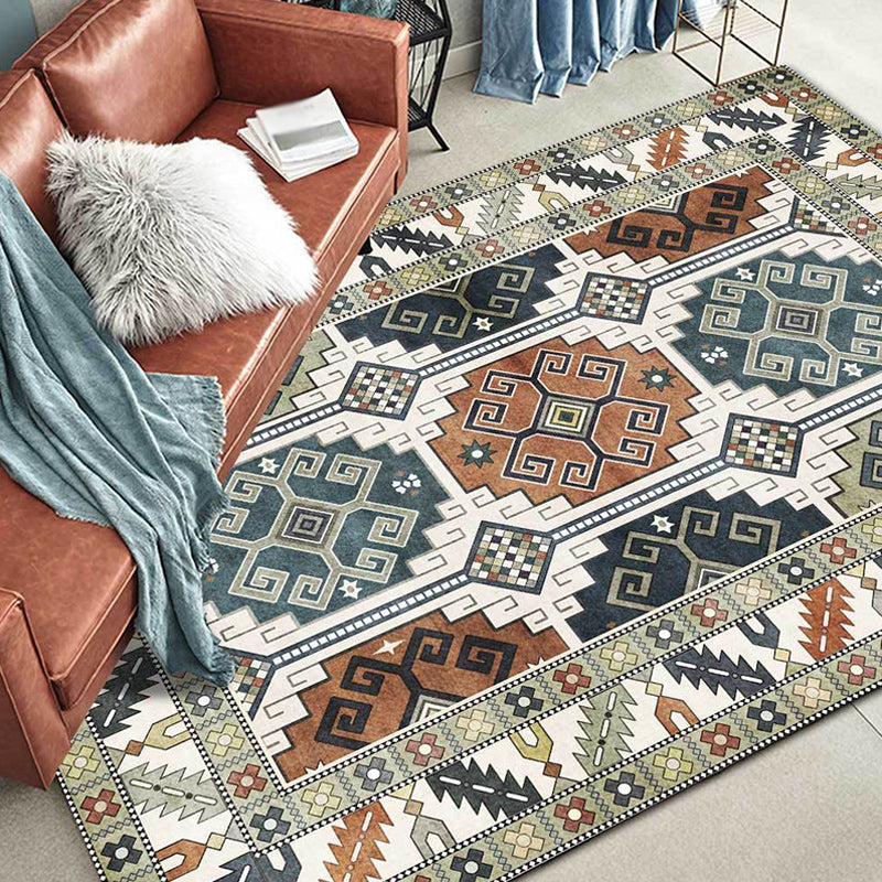 Southwest Tribal Pattern Rug Green Polyester Rug Machine Washable Non-Slip Back Rug for Living Room