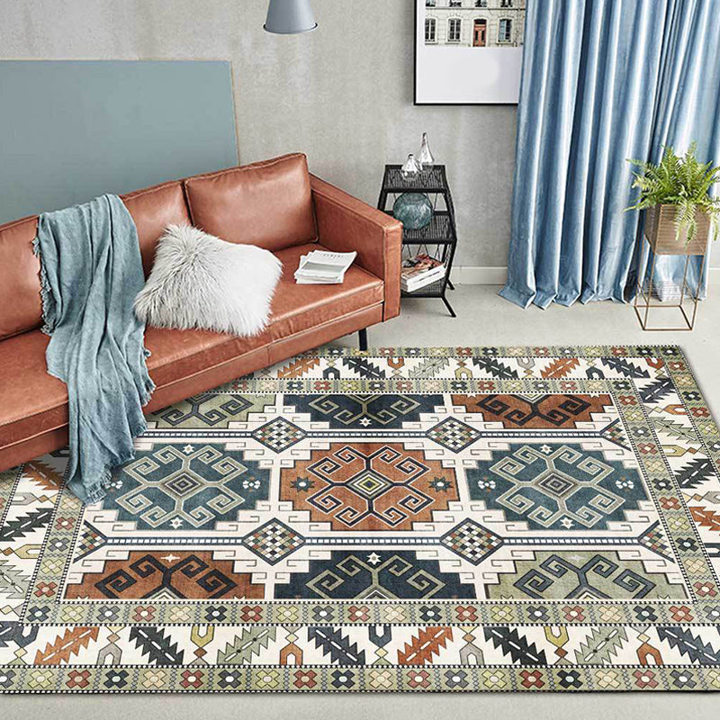 Southwest Tribal Pattern Rug Green Polyester Rug Machine Washable Non-Slip Back Rug for Living Room