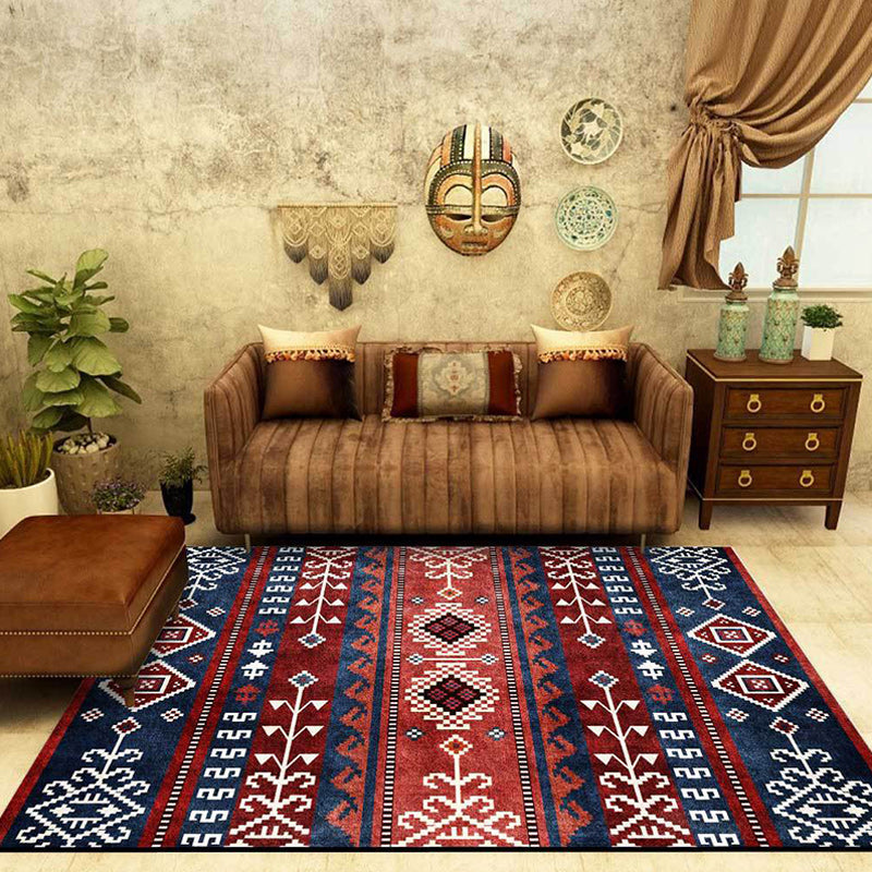 Marine and red southwest rug polyester tribal pattern rug washable non-slip backing rug for living room