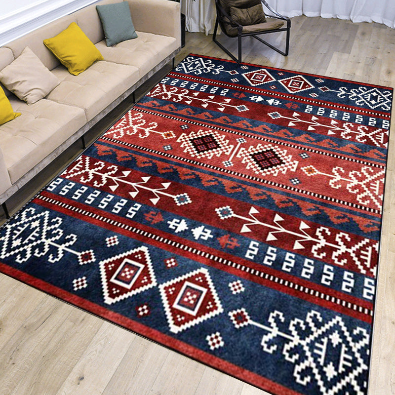 Marine and red southwest rug polyester tribal pattern rug washable non-slip backing rug for living room