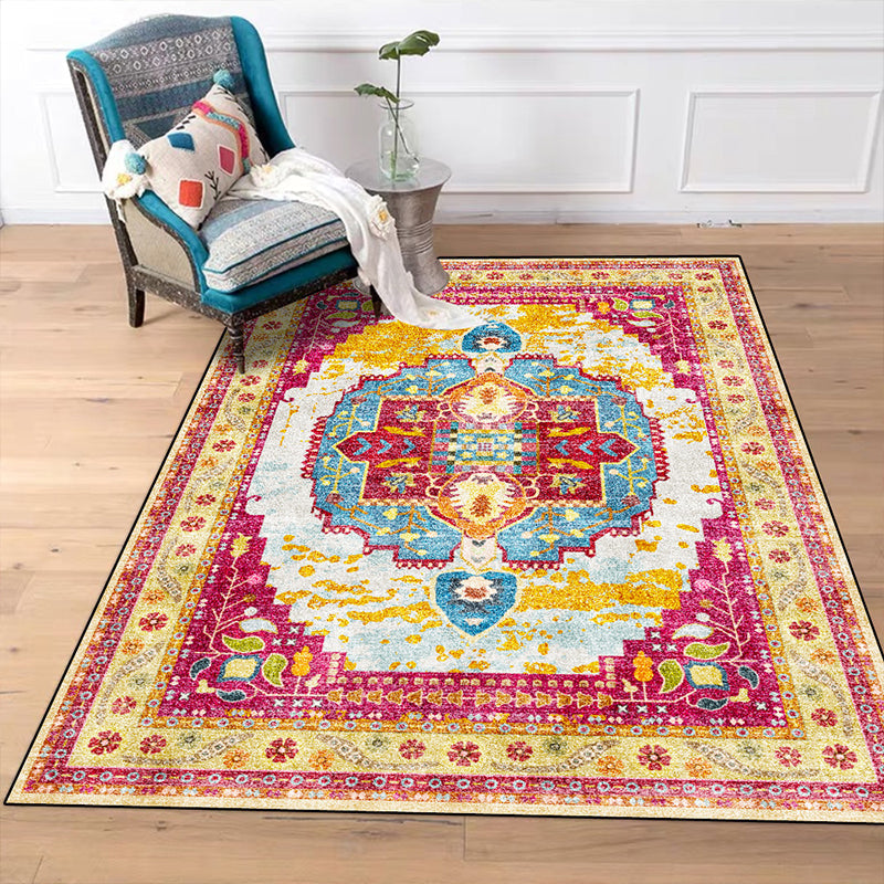 Moroccan Living Room Rug in Yellow and Pink Medallion Flower Leaf Geometric Print Rug Polyester Non-Slip Back Area Rug