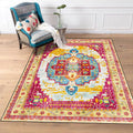 Moroccan Living Room Rug in Yellow and Pink Medallion Flower Petal Geometry Print Rug Polyester Non-Slip Back Area Rug