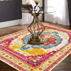Moroccan Living Room Rug in Yellow and Pink Medallion Flower Petal Geometry Print Rug Polyester Non-Slip Back Area Rug