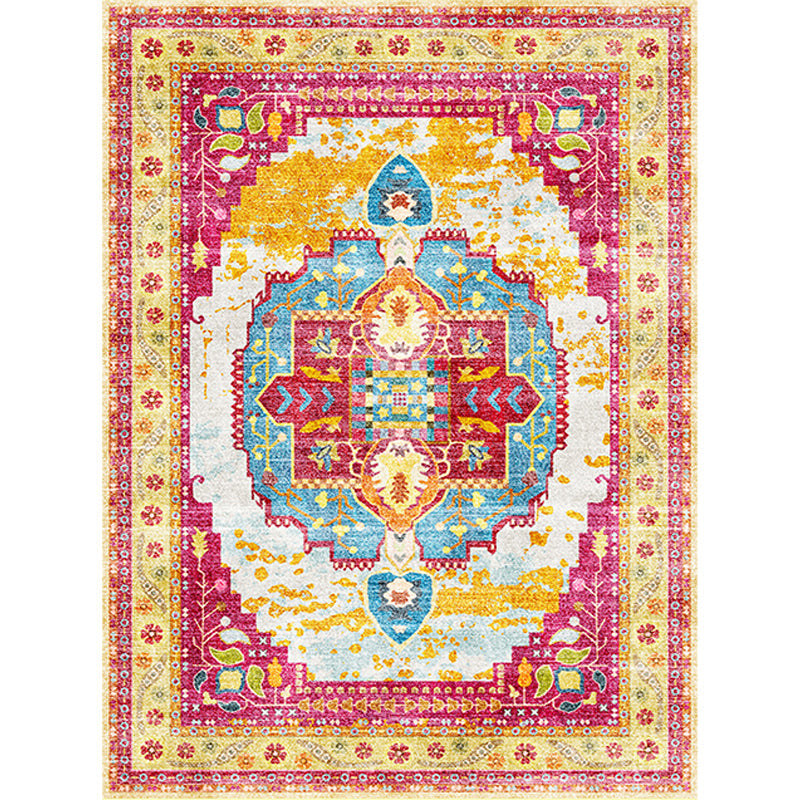 Moroccan Living Room Rug in Yellow and Pink Medallion Flower Leaf Geometric Print Rug Polyester Non-Slip Back Area Rug