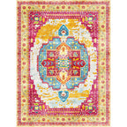 Moroccan Living Room Rug in Yellow and Pink Medallion Flower Petal Geometry Print Rug Polyester Non-Slip Back Area Rug