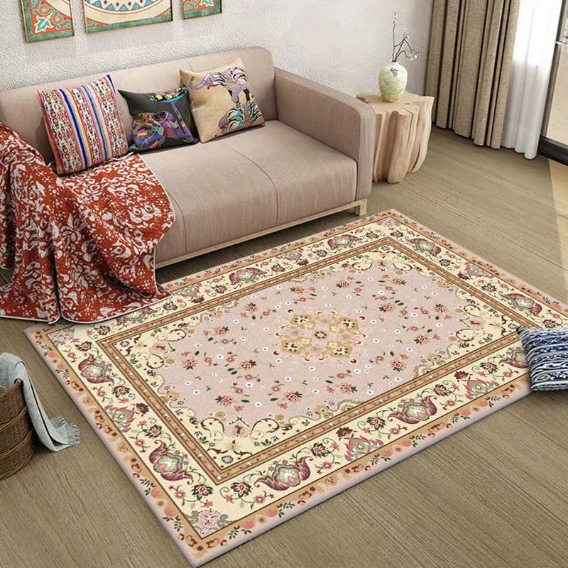 Persian Moroccan rug in yellow medallion floral leaf pattern rug polyester washable rug for home decor