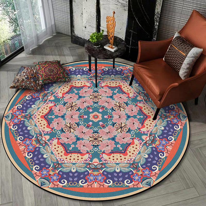 Vintage medallion patterned rug with floral pink and purple tribal rug polyester washable non-slip backing rug for living room